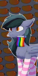 Size: 2000x4000 | Tagged: safe, artist:monycaalot, derpibooru import, oc, oc only, oc:scrimmy, bat pony, bat pony oc, clothes, commission, gay pride flag, gift art, patterned background, pride, pride flag, pride month, socks, solo, striped socks, ych result