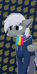 Size: 2000x4000 | Tagged: safe, alternate version, artist:monycaalot, derpibooru import, oc, oc only, oc:nomshire, pegasus, alternate character, clothes, commission, pansexual pride flag, patterned background, pegasus oc, pride, pride flag, pride month, solo, ych result