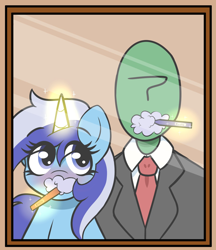 Size: 1396x1614 | Tagged: safe, artist:dowa, derpibooru import, minuette, oc, oc:anon, pony, unicorn, g4, brushing teeth, canon x oc, clothes, duo, duo male and female, female, horn, indirect kiss, magic, male, mirror, necktie, suit, telekinesis, toothbrush, toothpaste