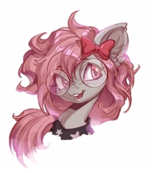 Size: 1903x2160 | Tagged: safe, artist:rrusha, derpibooru import, oc, oc only, oc:krista pebble, earth pony, bow, bust, clothes, curly hair, curly mane, ear fluff, ears, eye clipping through hair, freckles, glasses, hair bow, looking at someone, open mouth, open smile, pink eyes, pink mane, shirt, simple background, smiling, t-shirt, white background