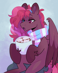 Size: 2000x2500 | Tagged: safe, artist:lionbun, derpibooru import, oc, oc only, oc:party frosting, pegasus, pony, chocolate, clothes, female, food, hot chocolate, marshmallow, pride, pride flag, redesign, scarf, solo, striped scarf, trans female, transgender, transgender pride flag