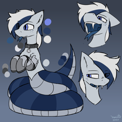 Size: 3167x3167 | Tagged: safe, artist:monycaalot, derpibooru import, oc, oc only, oc:tycho, lamia, original species, snake, collar, fangs, gradient background, mawshot, open mouth, reference sheet, robotic arm, solo