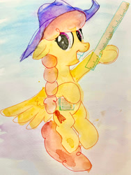 Size: 1725x2300 | Tagged: safe, artist:mandumustbasukanemen, derpibooru import, pegasus, pony, braid, female, flying, hat, looking at you, mare, notebook, record high, ruler, solo, traditional art, watercolor painting