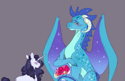 Size: 1991x1296 | Tagged: safe, artist:orphicswanart, derpibooru import, princess ember, rarity, dragon, pony, unicorn, blushing, bouquet, dragoness, female, flower, gray background, horn, lesbian, ship:emberity, shipping, simple background