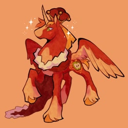 Size: 2048x2048 | Tagged: safe, artist:llorienart, derpibooru import, big macintosh, alicorn, pony, g4, alicornified, bipedal, blaze (coat marking), cape, clothes, coat markings, colored belly, colored horn, colored wings, colored wingtips, crown, facial markings, horn, jewelry, male, orange background, partially open wings, princess big mac, race swap, regalia, simple background, socks (coat marking), solo, sparkles, stallion, wings