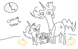 Size: 1067x677 | Tagged: safe, artist:tjpones, derpibooru import, princess celestia, princess luna, twilight sparkle, unicorn twilight, alicorn, pony, unicorn, g4, 1000 hours in ms paint, female, filly, filly twilight sparkle, foal, full moon, halloween, holiday, horn, jack-o-lantern, mare, moon, pumpkin, s1 luna, simple background, squatpony, trio, trio female, twiggie, white background, younger