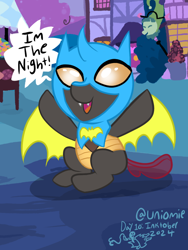 Size: 768x1024 | Tagged: safe, artist:uniomie, derpibooru import, oc, changedling, changeling, nymph, g4, baby, baby changeling, batman, changeling oc, clothes, costume, dc comics, female, filly, foal, halloween, halloween costume, holiday, inktober, inktober 2024, nightmare night, outdoors, ponysona, ponytober 2024, yellow changeling