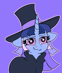 Size: 1722x2026 | Tagged: safe, artist:leopardsnaps, derpibooru import, oc, oc only, oc:flawless sparklemoon, pony, unicorn, cape, clothes, eyebrows, female, fusion, fusion:trixie, fusion:twilight sparkle, fusion:twixie, hat, horn, looking at you, mare, my little pony the movie: the death of twilight sparkle, purple background, simple background, solo, top hat