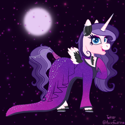 Size: 1256x1253 | Tagged: safe, artist:azira faerinx, derpibooru import, oc, oc only, pony, unicorn, g4, blue eyes, choker, clothes, curly hair, curly mane, dress, ear piercing, elegant, female, gala dress, galaxy, happy, heart, heart eyes, horn, horn jewelry, horseshoes, jewelry, mare, moon, night, nose piercing, piercing, pink pony, purple mane, small wings, smiling, solo, spread wings, stars, tail, tail jewelry, tail wrap, wingding eyes, wings