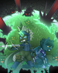 Size: 1600x2000 | Tagged: safe, artist:vavacung, derpibooru import, oc, oc:captain black lotus, bat pony, changeling, demon, changeling armor, claws, crossbow, dungeon, duo, fight, force field, magic, male, weapon