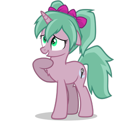 Size: 2800x2800 | Tagged: safe, artist:oblivionfall, derpibooru import, oc, oc only, oc:magicalmysticva, pony, unicorn, chest fluff, cute, ears, female, floppy ears, green eyes, horn, pigtails, pink body, pink bow, shrunken pupils, simple background, solo, teal mane, transparent background, twintails, vector