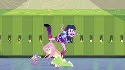 Size: 1920x1080 | Tagged: safe, derpibooru import, screencap, fluttershy, spike, twilight sparkle, twilight sparkle (alicorn), alicorn, dog, equestria girls, g4, boots, clothes, flailing, great moments in animation, hallway, kneeling, lockers, my little pony equestria girls, polka dot socks, raised leg, shoes, socks, trio