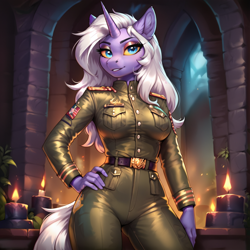 Size: 2400x2400 | Tagged: safe, ai content, derpibooru import, generator:pony diffusion v6 xl, generator:stable diffusion, machine learning generated, oc, oc only, oc:avrelia luculus, anthro, blue eyes, clothes, female, golden eyes, hand on hip, looking at you, military uniform, night, prompter:infernum, purple skin, smiling, smiling at you, solo, tail, uniform, white mane, white tail