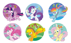 Size: 5488x3318 | Tagged: safe, artist:jowyb, derpibooru import, applejack, fluttershy, gummy, pinkie pie, rainbow dash, rarity, tank, twilight sparkle, twilight sparkle (alicorn), winona, alicorn, bird, butterfly, earth pony, pegasus, pony, rabbit, squirrel, unicorn, g4, animal, apple, book, food, horn, mane six, party cannon, rainbow trail, simple background, sonic rainboom, thread, transparent background