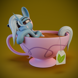 Size: 2560x2560 | Tagged: safe, artist:enteryourponyname, derpibooru import, trixie, pony, unicorn, g4, 3d, blender, blender cycles, cup, cup of pony, cute, diatrixes, female, food, hatless, horn, mare, micro, missing accessory, simple background, solo, tea, teacup, that pony sure does love teacups