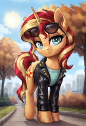 Size: 832x1216 | Tagged: safe, ai content, derpibooru import, generator:pony diffusion v6 xl, generator:stable diffusion, machine learning generated, sunset shimmer, g4, autumn, city, clothes, day, jacket, prompter:thelight3d, sun, sunglasses, sunglasses on head