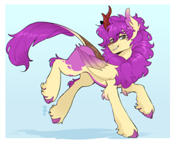 Size: 2800x2300 | Tagged: safe, artist:soahonga, derpibooru import, oc, oc only, oc:purple wingshade, hybrid, kirin, original species, pegasus, pony, brown eyes, cloven hooves, coat markings, colored wings, ear fluff, ears, fluffy, freckles, hooves, kirin-ified, multicolored wings, purple mane, simple background, smug, solo, species swap, spots, unshorn fetlocks, wings