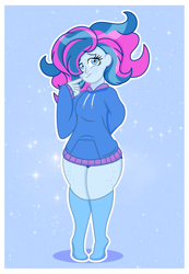 Size: 1835x2652 | Tagged: safe, artist:prixy05, derpibooru import, oc, oc only, oc:moon, human, clothes, freckles, hair over one eye, hoodie, humanized, outline, oversized clothes, oversized hoodie, owner:yoshter7, solo, stockings, thigh highs, white outline