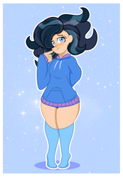 Size: 1835x2652 | Tagged: safe, alternate version, artist:prixy05, derpibooru import, oc, oc only, oc:moon, human, clothes, freckles, hair over one eye, hoodie, human coloration, humanized, light skin, outline, oversized clothes, oversized hoodie, owner:yoshter7, solo, stockings, thigh highs, white outline