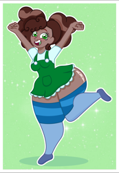 Size: 1835x2652 | Tagged: safe, alternate version, artist:prixy05, derpibooru import, oc, oc only, oc:clover, human, clothes, dark skin, dress, freckles, human coloration, humanized, one leg raised, open mouth, outline, owner:yoshter7, solo, stockings, thigh highs, thighs, thunder thighs, white outline, wide hips