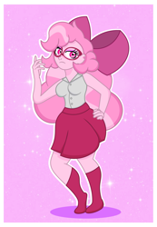 Size: 1835x2652 | Tagged: safe, artist:prixy05, derpibooru import, oc, oc only, oc:orchid, human, bow, clothes, ear piercing, earring, freckles, glasses, hair bow, humanized, jewelry, outline, owner:yoshter7, piercing, skirt, solo, stockings, thigh highs, white outline