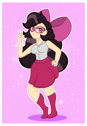 Size: 1835x2652 | Tagged: safe, alternate version, artist:prixy05, derpibooru import, oc, oc only, oc:orchid, human, bow, clothes, ear piercing, earring, freckles, glasses, hair bow, human coloration, humanized, jewelry, light skin, outline, owner:yoshter7, piercing, skirt, solo, stockings, thigh highs, white outline