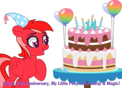 Size: 4672x3362 | Tagged: safe, derpibooru import, oc, oc only, oc:cerise blossom, pony, 14, balloon, cake, candle, food, mlp fim's fourteenth anniversary, simple background, solo, transparent background