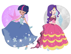 Size: 1001x752 | Tagged: safe, artist:dahli-lama, artist:dess-arts, derpibooru import, rarity, twilight sparkle, human, g4, alternate hairstyle, artifact, belt, blushing, clothes, dark skin, dress, dress lift, duo, duo female, ear piercing, earring, eyes closed, eyeshadow, female, gala dress, gloves, gown, high heels, humanized, jewelry, lipstick, makeup, open mouth, piercing, playing with dress, rarity's first gala dress, shoes, simple background, transparent background