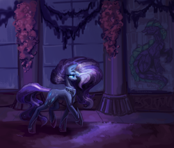 Size: 4700x4000 | Tagged: safe, alternate version, artist:anastas, derpibooru import, part of a set, nightmare rarity, spike, pony, unicorn, series:ask nightmare rarity, g4, ask, bad end, canterlot castle, carpet, column, comic, detailed background, ethereal mane, eyeshadow, fangs, female, flowing mane, flowing tail, glowing, glowing horn, hoof shoes, horn, jewelry, looking at you, magic, magic aura, makeup, mare, mare in the moon, mlp art ask (ru), moon, nightmarified, open mouth, princess shoes, regalia, slit eyes, solo, speech bubble, stained glass, starry mane, starry tail, tail, textless, textless version, walking, window