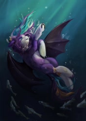 Size: 724x1024 | Tagged: safe, artist:jackiesenvy, derpibooru import, oc, oc only, bat pony, fish, pony, bat wings, bubble, crepuscular rays, digital art, female, flowing mane, flowing tail, looking up, mare, ocean, sinking, solo, spread wings, swimming, tail, underwater, unshorn fetlocks, water, wings