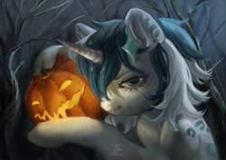 Size: 1280x904 | Tagged: safe, artist:jackiesenvy, derpibooru import, oc, oc only, pony, unicorn, commission, fangs, hairclip, halloween, holiday, horn, jack-o-lantern, pumpkin, solo, ych result