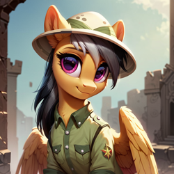 Size: 1024x1024 | Tagged: safe, ai content, derpibooru import, generator:pony diffusion v6 xl, generator:stable diffusion, machine learning generated, daring do, pegasus, pony, clothes, daring dorable, female, hat, mare, outdoors, pith helmet, prompter:teonanakatle, shirt, sky, solo