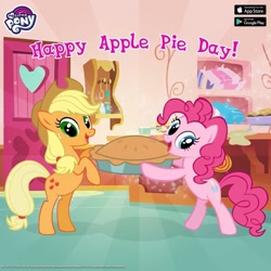 Size: 1080x1080 | Tagged: safe, derpibooru import, applejack, pinkie pie, earth pony, pony, apple, apple pie, bipedal, duo, duo female, female, food, gameloft, mare, pie, sugarcube corner