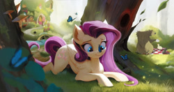 Size: 2048x1080 | Tagged: safe, artist:minuko, derpibooru import, fluttershy, harry, bear, bird, butterfly, duck, pegasus, pony, raccoon, butterfly on nose, cute, female, fluttershy's cottage, insect on nose, lying down, mare, mushroom, picnic blanket, prone, shyabetes, solo, solo focus, teapot, tree