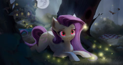 Size: 2048x1080 | Tagged: safe, artist:minuko, derpibooru import, fluttershy, bat, bat pony, pegasus, pony, g4, bat ponified, cute, fangs, female, flutterbat, fluttershy's cottage, forest, full moon, lying down, mare, mare in the moon, moon, mushroom, nature, picnic blanket, prone, race swap, shyabates, shyabetes, solo, tree