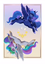 Size: 2896x4096 | Tagged: safe, artist:minuko, derpibooru import, princess celestia, princess luna, alicorn, pony, g4, duo, duo female, female, flowing mane, flowing tail, gradient background, hoof shoes, jewelry, mare, peytral, regalia, starry tail, tail