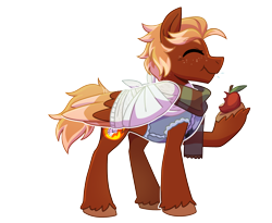 Size: 2200x1800 | Tagged: safe, artist:hibiscuit--rose, derpibooru import, oc, oc only, oc:golden flare, pegasus, pony, apple, bandage, broken bone, broken wing, cast, clothes, colored hooves, colored wings, commission, eating, eyes closed, food, freckles, happy, hooves, injured, male, nonbinary, pegasus oc, ponified, scarf, short tail, simple background, sling, solo, species swap, stallion, sweater, tail, transparent background, unshorn fetlocks, vest, wings