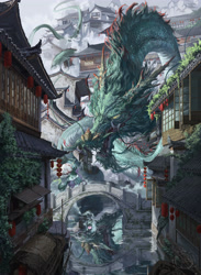 Size: 3840x5232 | Tagged: safe, artist:makkah, derpibooru import, mistmane, dragon, unicorn, g4, bridge, curved horn, detailed background, duo, eastern dragon, female, horn, lantern, magic, mare, paper lantern, scenery, scenery porn, technically advanced, telekinesis, umbrella, water