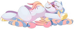 Size: 1502x602 | Tagged: safe, artist:rhythmpixel, derpibooru import, oc, oc only, oc:seashore swirl, pegasus, belly, belly button, blushing, braid, chest fluff, concave belly, looking at you, lying down, on back, relaxed wings, simple background, solo, transparent background