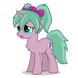 Size: 2800x2800 | Tagged: safe, artist:oblivionfall, derpibooru import, oc, oc only, oc:magicalmysticva, pony, unicorn, bow, chest fluff, crying, ears, female, floppy ears, green eyes, hair bow, horn, pigtails, pink body, pink bow, png, sad, simple background, solo, teal mane, teary eyes, transparent background, twintails, vector