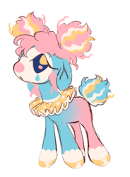 Size: 1134x1544 | Tagged: safe, artist:peaceandlove26, derpibooru import, oc, oc only, oc:surprise party, earth pony, pony, 2022, afro puffs, alternate universe, big eyes, blank flank, blue tail, clown makeup, coat markings, colored hooves, curly hair, curly mane, curly tail, ears, earth pony oc, eyelashes, floppy ears, hooves, leg markings, looking back, next generation, no pupils, old art, open mouth, pierrot, pigtails, pink mane, profile, ruff (clothing), shiny hooves, simple background, socks (coat marking), solo, tail, three toned mane, three toned tail, two toned coat, white background, yellow hooves