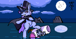 Size: 1346x702 | Tagged: safe, artist:damset, derpibooru import, oc, oc only, oc:flawless sparklemoon, pony, unicorn, canon, clothes, cloud, digital art, fusion, fusion:trixie, fusion:twilight sparkle, fusion:twixie, hat, horn, moon, ms paint, my little pony the movie: the death of twilight sparkle, night, pixel art, sky, top hat, water