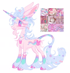 Size: 1882x1948 | Tagged: safe, artist:peaceandlove26, derpibooru import, oc, oc only, pony, unicorn, 2022, ambiguous gender, big ears, blue tail, bow, coat markings, colored eyelashes, colored hooves, colored horn, colored pinnae, colored tail, ear piercing, earring, ears, eyelashes, hair accessory, hair bow, hooves, horn, jewelry, kidcore, leg markings, leonine tail, long ears, long mane, long tail, mane accessory, moodboard, multicolored eyes, multicolored horn, necklace, old art, piercing, pink eyelashes, pink hooves, profile, purple eyes, rainbow horn, rainbow tail, shiny hooves, simple background, smiling, socks (coat marking), standing, star earring, tail, tail accessory, tail bow, unicorn beard, unicorn horn, unicorn oc, unnamed oc, unshorn fetlocks, white background, white coat