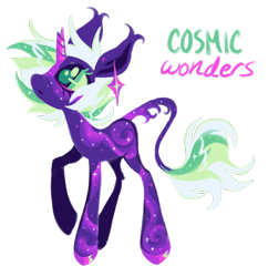 Size: 1326x1368 | Tagged: safe, artist:peaceandlove26, derpibooru import, oc, oc only, oc:cosmic wonders, pony, unicorn, 2022, big ears, big eyes, blank flank, broken horn, colored hooves, colored pinnae, ear markings, ear tufts, ears, ethereal body, facial markings, female, female oc, green eyes, green mane, green tail, green text, hooves, horn, leonine tail, lineless, long legs, looking up, mare, mare oc, old art, pink hooves, pink text, profile, purple coat, purple hooves, raised hoof, raised leg, shiny hooves, shiny horn, simple background, sparkly coat, sparkly legs, standing, standing on three hooves, starry coat, tail, tail fluff, tail markings, thin legs, three toned mane, three toned tail, transparent background, unicorn horn, unicorn oc