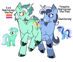 Size: 1200x1024 | Tagged: safe, artist:fagdoggin, derpibooru import, lyra heartstrings, minuette, pony, unicorn, alternate design, coat markings, colored hooves, countershading, dappled, duo, duo female, facial markings, female, happy, hooves, horn, lesbian pride flag, looking at each other, looking at someone, mare, mixed pronouns, nervous, nervous smile, pride, pride flag, pronouns, raised hoof, raised leg, simple background, smiling, snip (coat marking), star (coat marking), transparent background, unshorn fetlocks