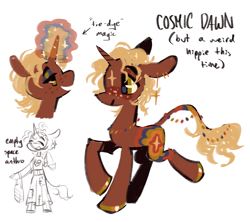 Size: 1630x1450 | Tagged: safe, artist:peaceandlove26, derpibooru import, oc, oc only, oc:cosmic dawn, pony, unicorn, 2022, big ears, bipedal, blonde, blonde mane, blonde tail, blue eyeshadow, brown coat, brown eyeshadow, clothes, curly hair, curly mane, curly tail, ear piercing, earring, ears, eyes closed, eyeshadow, floppy ears, freckles, glowing, glowing horn, golden eyes, green eyes, horn, jewelry, leonine tail, long skirt, magic, makeup, multicolored magic, necklace, old art, open mouth, open smile, piercing, ponysona, profile, purse, raised hoof, raised leg, reference sheet, shirt, simple background, skirt, small horn, smiling, t-shirt, tail, tail accessory, tail jewelry, text, thin tail, unicorn horn, unicorn oc, white background