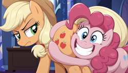 Size: 1344x768 | Tagged: safe, ai content, derpibooru import, generator:stable diffusion, machine learning generated, applejack, pinkie pie, earth pony, pony, g4, shadow play, angry, applebutt, applejack is not amused, applejack's hat, book, butt, butt squish, butt touch, butthug, close-up, clothes, cowboy hat, desk, duo, duo female, faceful of ass, faic, female, generator:bluefox mix, grin, hat, indoors, lidded eyes, looking at someone, looking back, mare, pinkie hugging applejack's butt, plot, prompter:tyto4tme4l, scene interpretation, smiling, teeth, twilight's castle, unamused