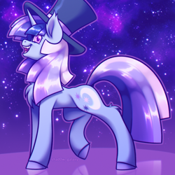 Size: 2000x2000 | Tagged: safe, artist:shad0w-galaxy, derpibooru import, oc, oc:flawless sparklemoon, pony, unicorn, chest fluff, ear fluff, ears, fangs, female, fusion, fusion:trixie, fusion:twilight sparkle, fusion:twixie, hat, high res, hooves, horn, mare, my little pony the movie: the death of twilight sparkle, open mouth, smiling, solo, starry eyes, stars, wingding eyes