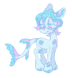 Size: 1347x1465 | Tagged: safe, artist:peaceandlove26, derpibooru import, oc, oc only, oc:angelfish, merpony, pony, ambiguous gender, big eyes, blue blush, blue body, blue coat, blue eyeshadow, blue hooves, blush scribble, blushing, colored hooves, eyeshadow, fins, fish tail, head turn, hooves, lidded eyes, light blue body, light blue coat, makeup, no pupils, scales, shiny hooves, short mane, smiling, solo, standing, tail, tail fin, three quarter view, three toned mane, two toned eyes