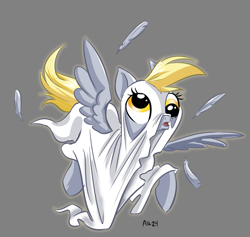 Size: 3707x3511 | Tagged: safe, artist:lytlethelemur, derpibooru import, derpy hooves, pegasus, pony, g4, bedsheet ghost, feather, female, mare, simple background, solo